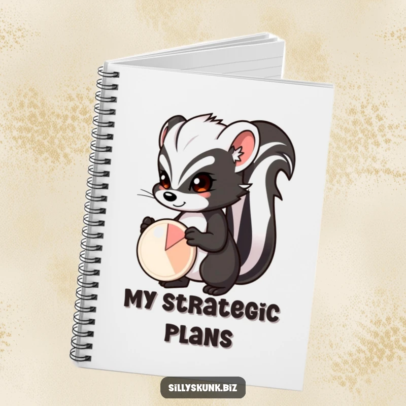 Funny skunk with a determined expression, proudly presenting a small pie chart, a funny notebook for analysis.