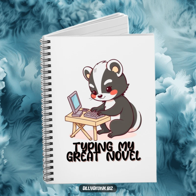Funny notebook with a cute skunk typing on a miniature keyboard, perfect for jotting down notes and ideas.