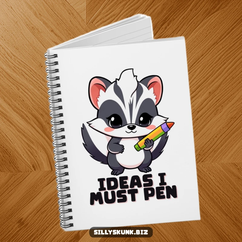 Funny notebook with a determined skunk holding a colorful pen, perfect for writing, sketching, and planning.