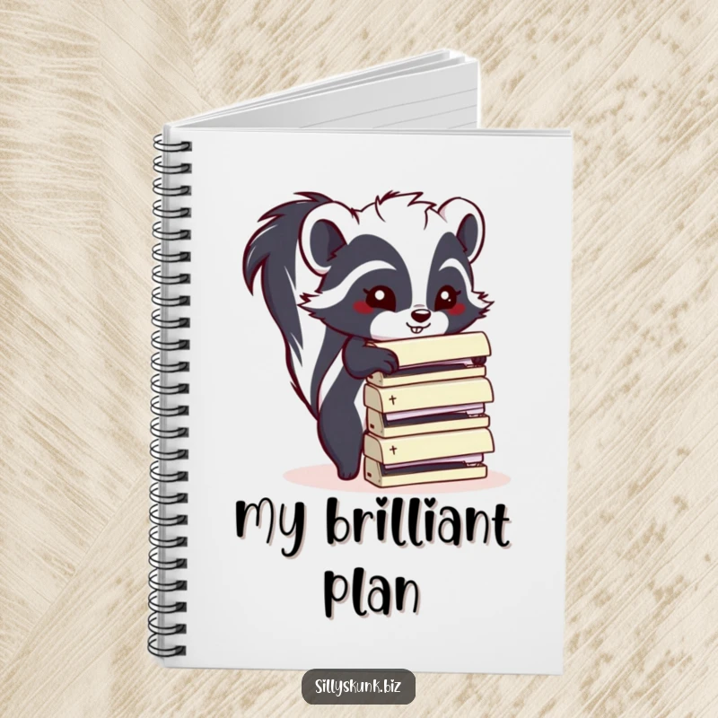 Funny skunk on a notebook cover, stacking office staplers, for jotting notes and a funny gift.