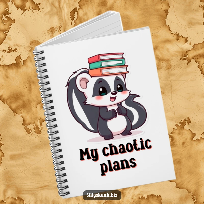 Funny skunk skater on the cover of a notebook, struggling to balance a stack of files, ideal for notes.