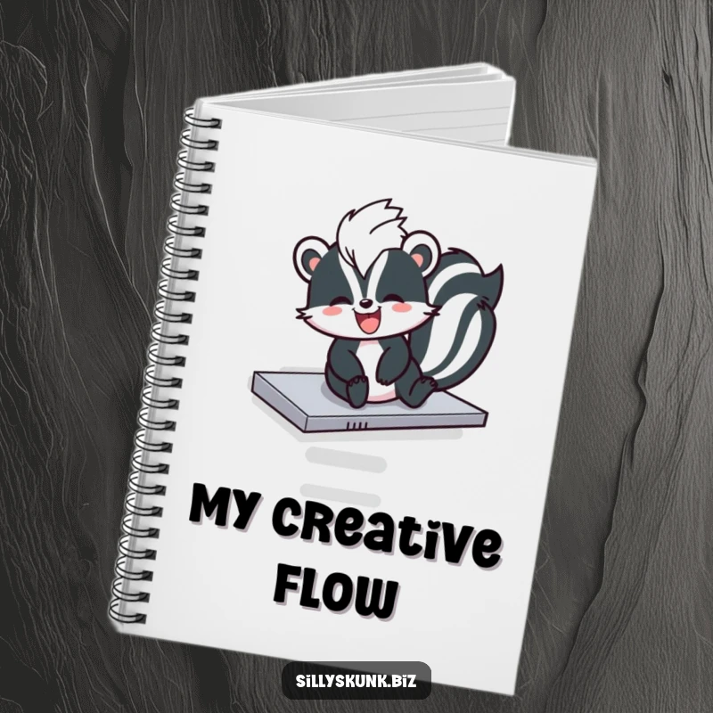 Funny skunk joyfully sliding down a photocopier tray on the cover of a humorous notebook.