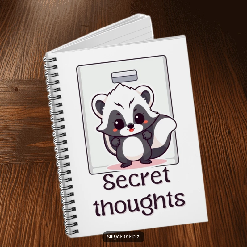 Funny skunk with a cheeky grin hiding in a filing cabinet on the cover of a humorous notebook.