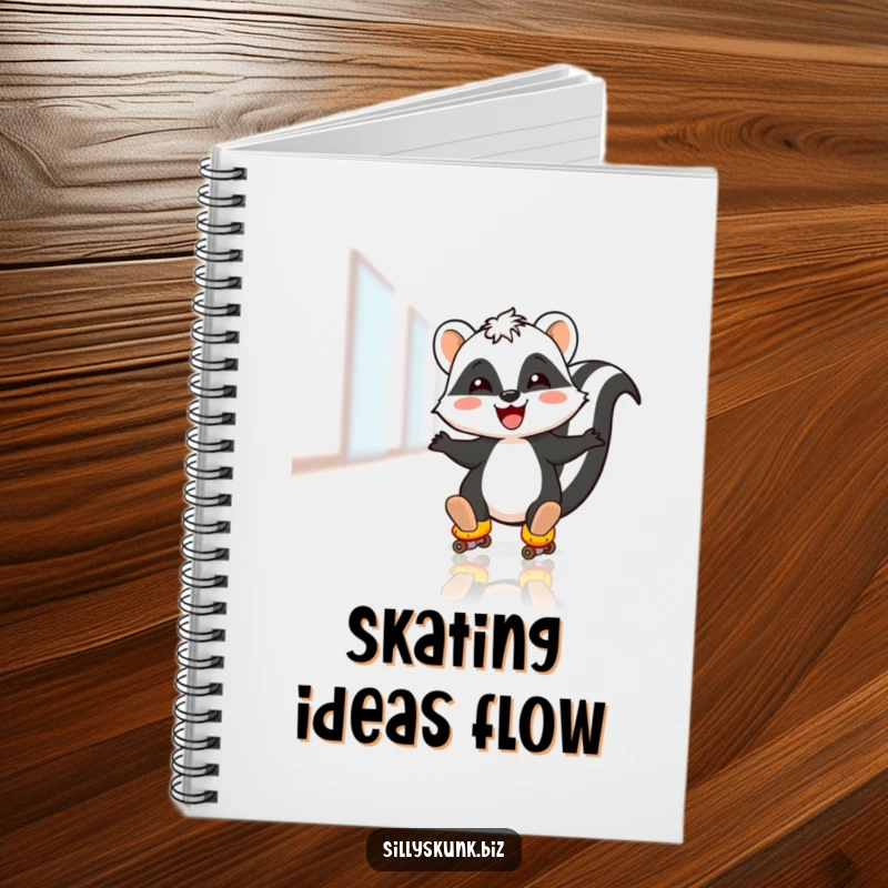 Funny notebook with a skunk joyfully roller skating on an office floor, ideal for jotting down quick notes.