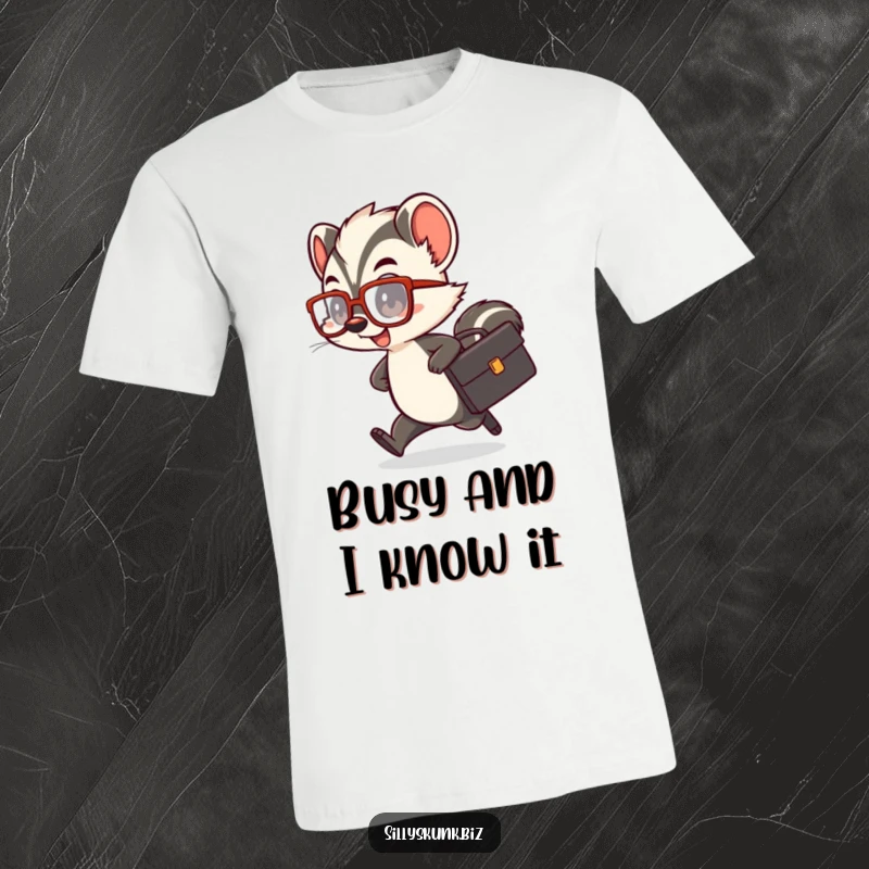 Funny skunk t-shirt depicting a cute character with a tiny briefcase and oversized glasses, rushing comically.