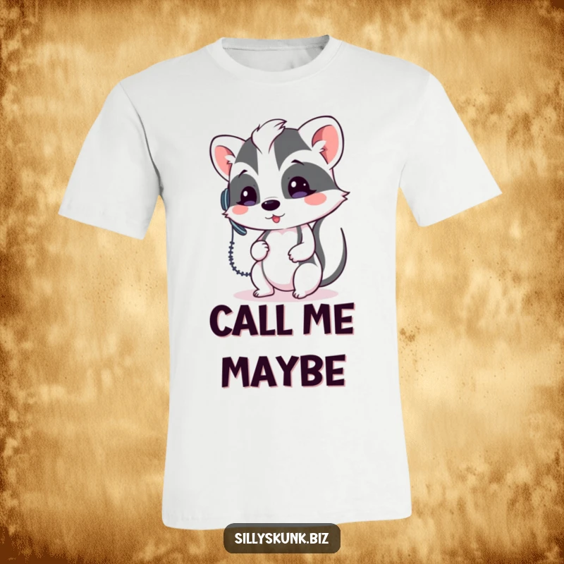 Funny skunk wearing a small headset, attempting to talk on a landline phone, on a hilarious t-shirt.