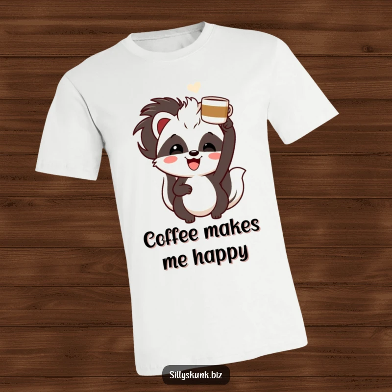 Funny skunk with a cheerful grin, enthusiastically holding a coffee cup overhead, a funny coffee t-shirt.