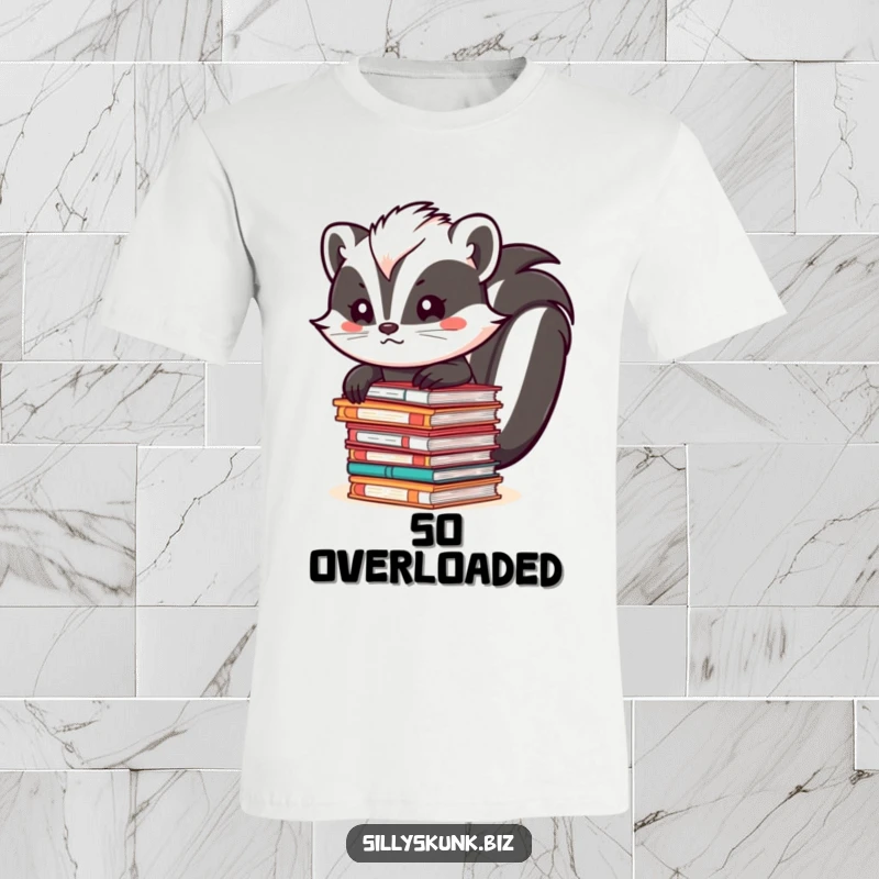 Funny skunk wearing a tie, precariously balancing a huge stack of files, on a hilarious t-shirt.