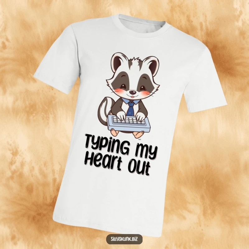 Funny skunk in a tiny tie, enthusiastically typing on a miniature keyboard, a humorous office t-shirt.