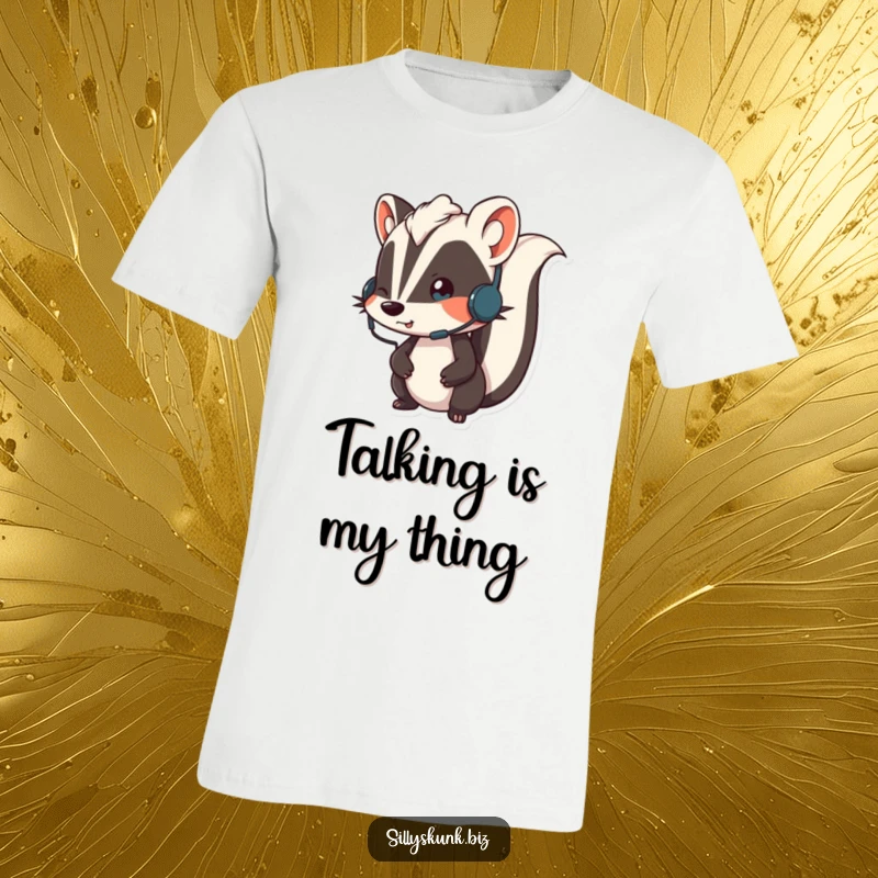 Funny skunk wearing a small headset, looking animated while on a call, a funny t-shirt for talkers.