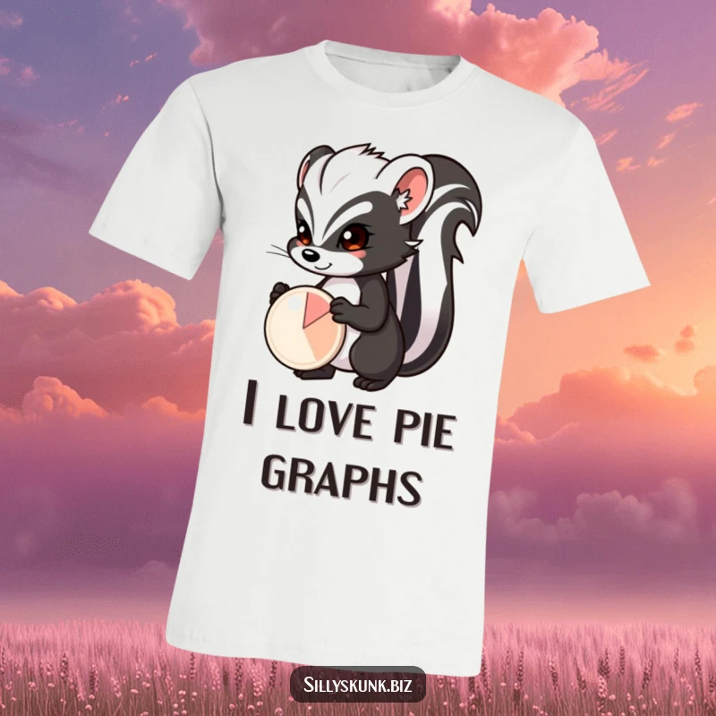 Funny skunk with a determined expression, proudly presenting a small pie chart, a funny data t-shirt.