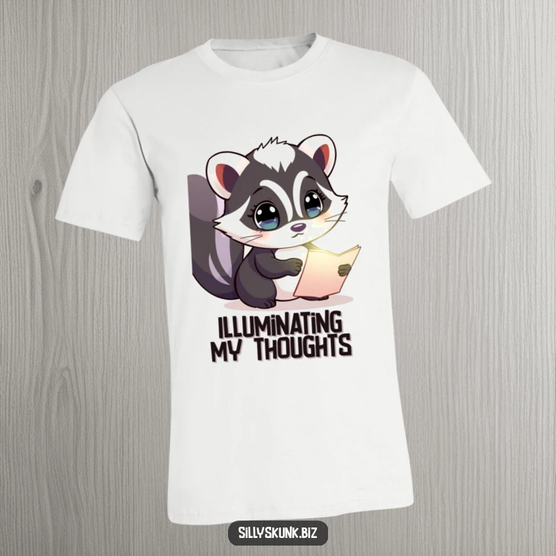 Funny t-shirt depicting a skunk with wide, curious eyes, examining a glowing document, symbolizing exploration and discovery.