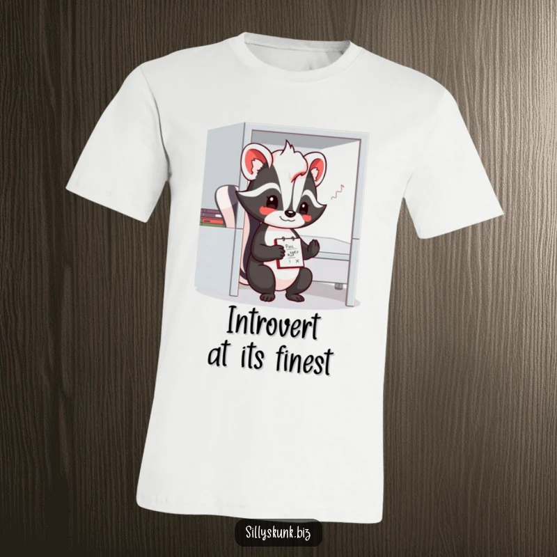 Funny skunk t-shirt depicting a shy character with a notepad, doodling contentedly in a small office cubicle.