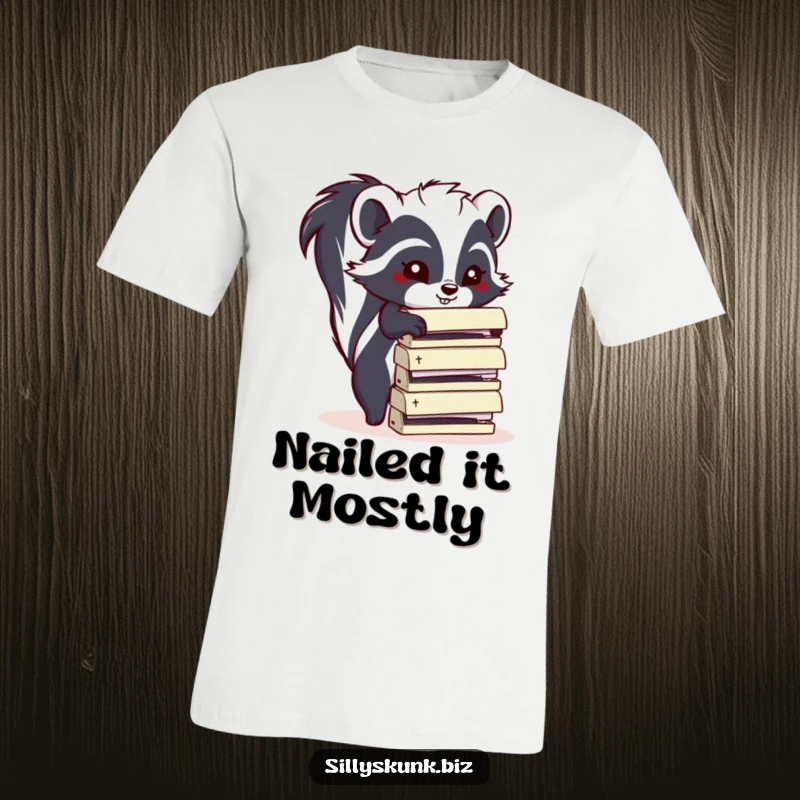 Funny t-shirt with a skunk trying to stack office staplers, a humorous design for a funny gift.