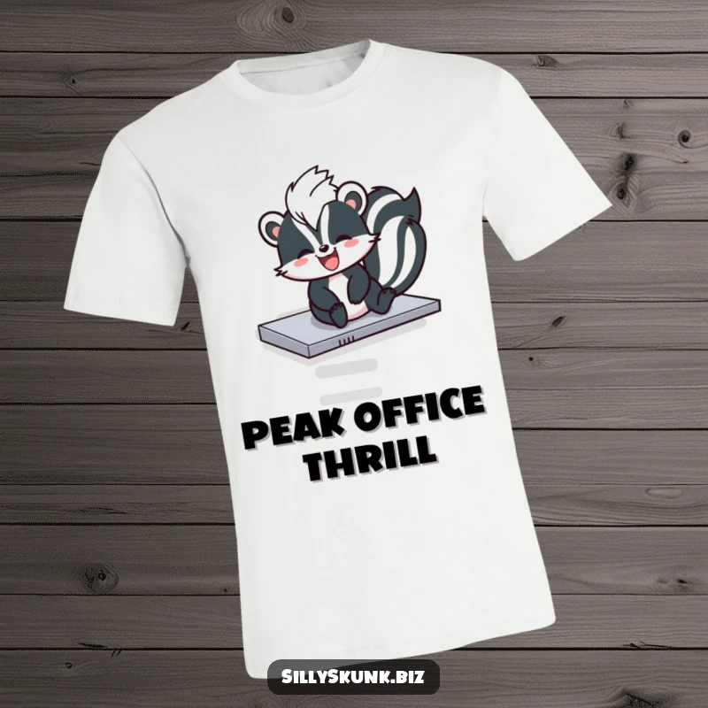 Funny skunk gleefully sliding down a photocopier tray, wearing a smile, on a hilarious t-shirt.
