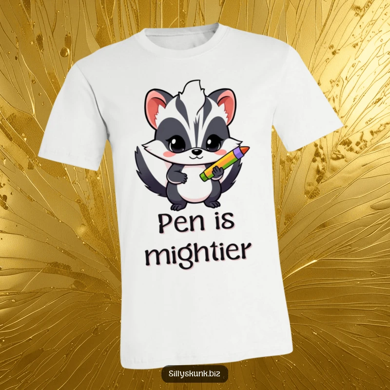 Funny t-shirt depicting a determined skunk holding a vibrant pen, symbolizing focus and creative expression.