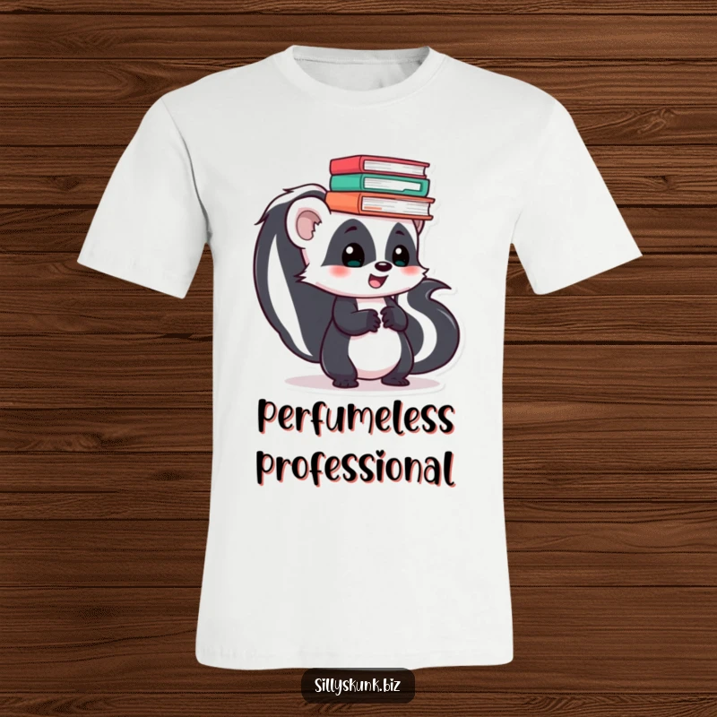 Funny skunk wearing a skater hat, attempting to balance a huge stack of office files on its head, looking frazzled.