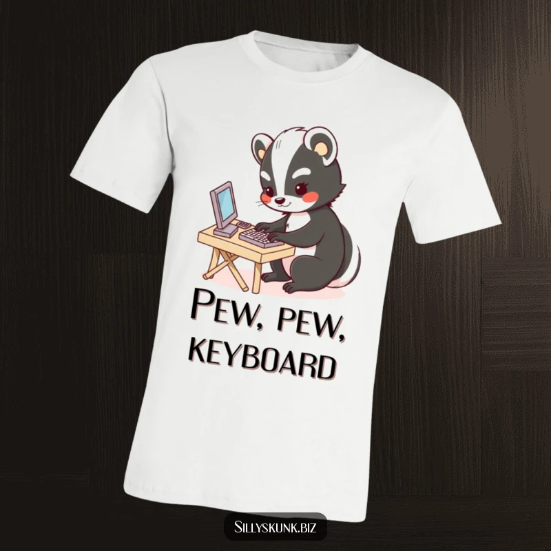 Funny t-shirt with a cute skunk enthusiastically typing on a mini keyboard at a tiny desk, a symbol of office dedication.