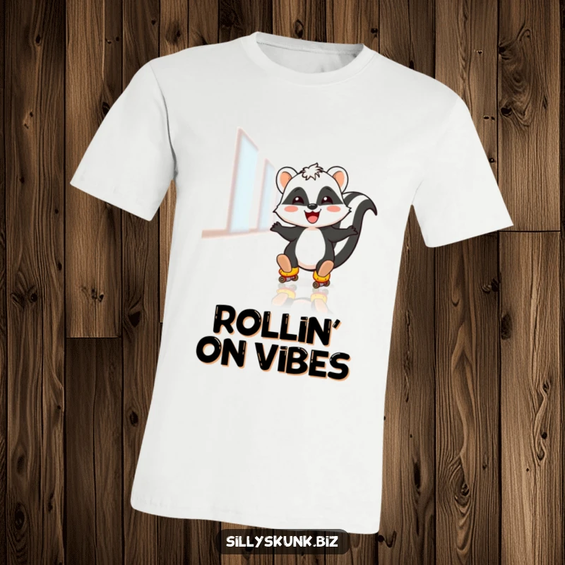 Funny t-shirt depicts a skunk joyfully roller skating on an office floor, embodying playful productivity and fun.