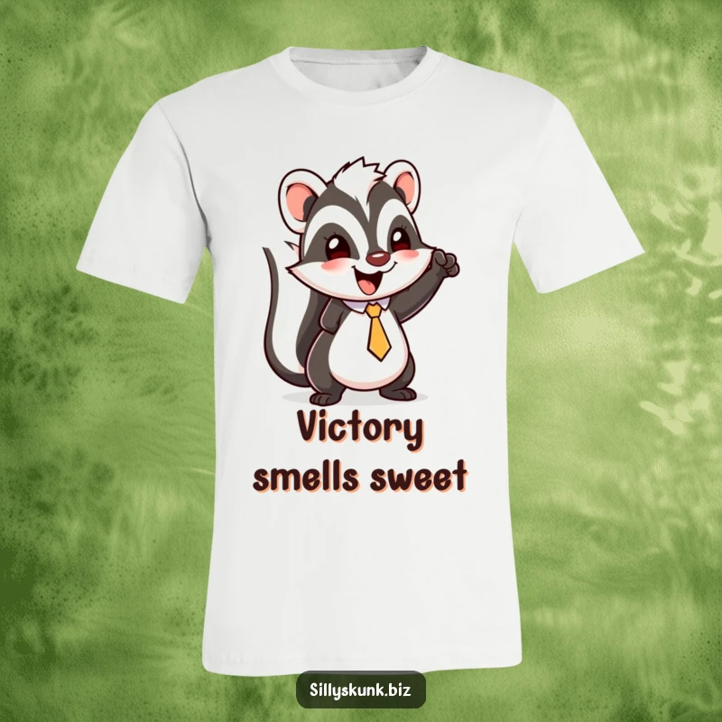 Funny skunk t-shirt depicting a happy character with a tiny tie, doing a little triumphant fist pump.