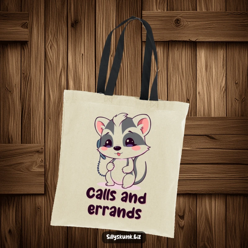 Funny skunk wearing a headset, fumbling with a phone, on a humorous tote bag.