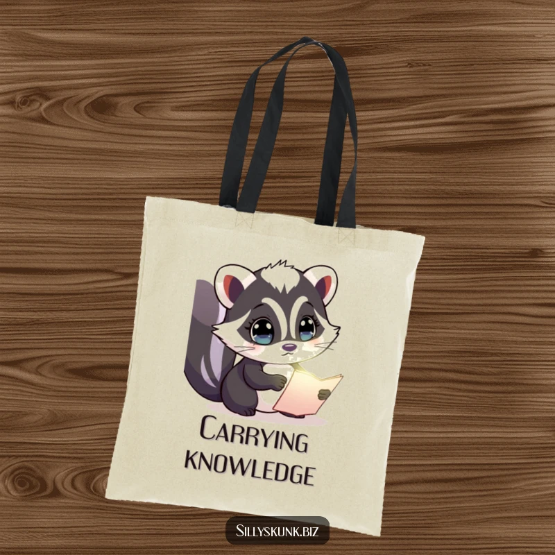 Funny tote bag with a curious skunk examining a glowing document, perfect for carrying books, notes, or treasures.