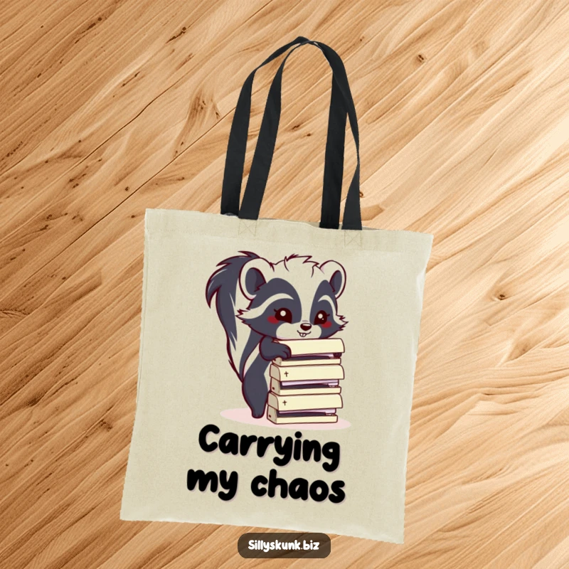 Funny skunk with a mischievous grin on a tote bag, stacking office staplers, a functional and funny gift.