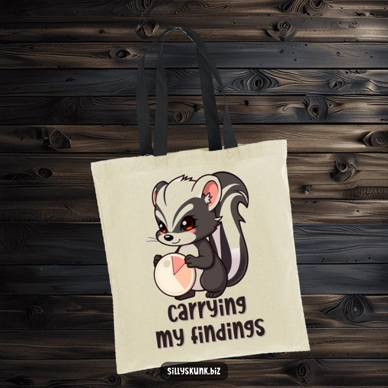 Funny skunk with a determined expression, proudly presenting a small pie chart, a humorous and practical tote bag.