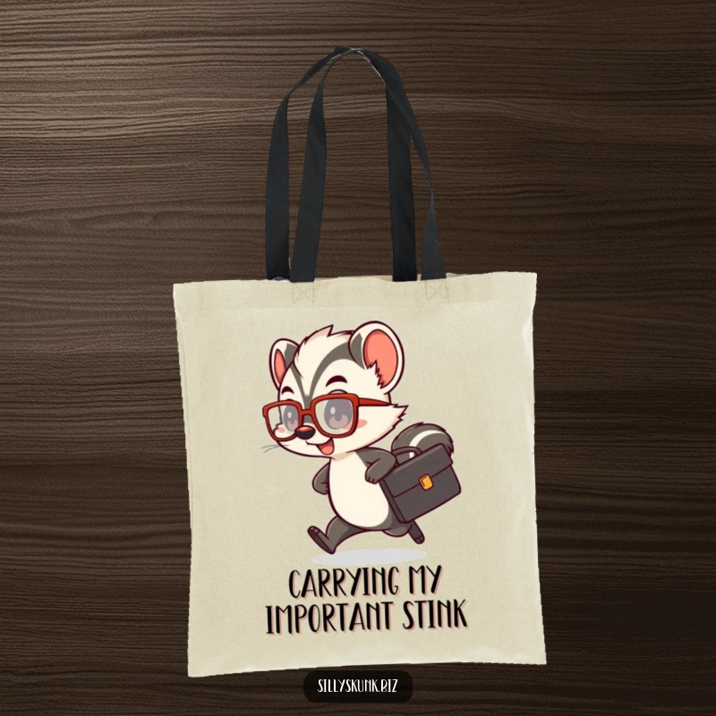 Funny skunk tote bag with a cute character wearing oversized glasses and rushing with a tiny briefcase.
