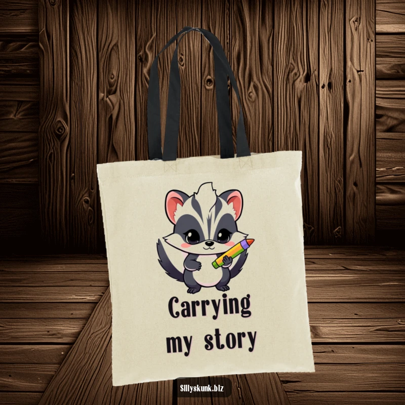 Funny tote bag featuring a determined skunk holding a bright pen, perfect for carrying art supplies or books.