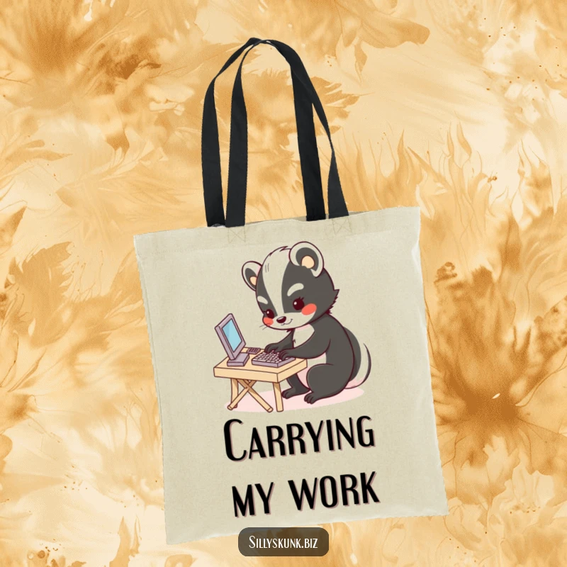Funny tote bag with a cute skunk typing diligently at a tiny desk, perfect for carrying work essentials with personality.