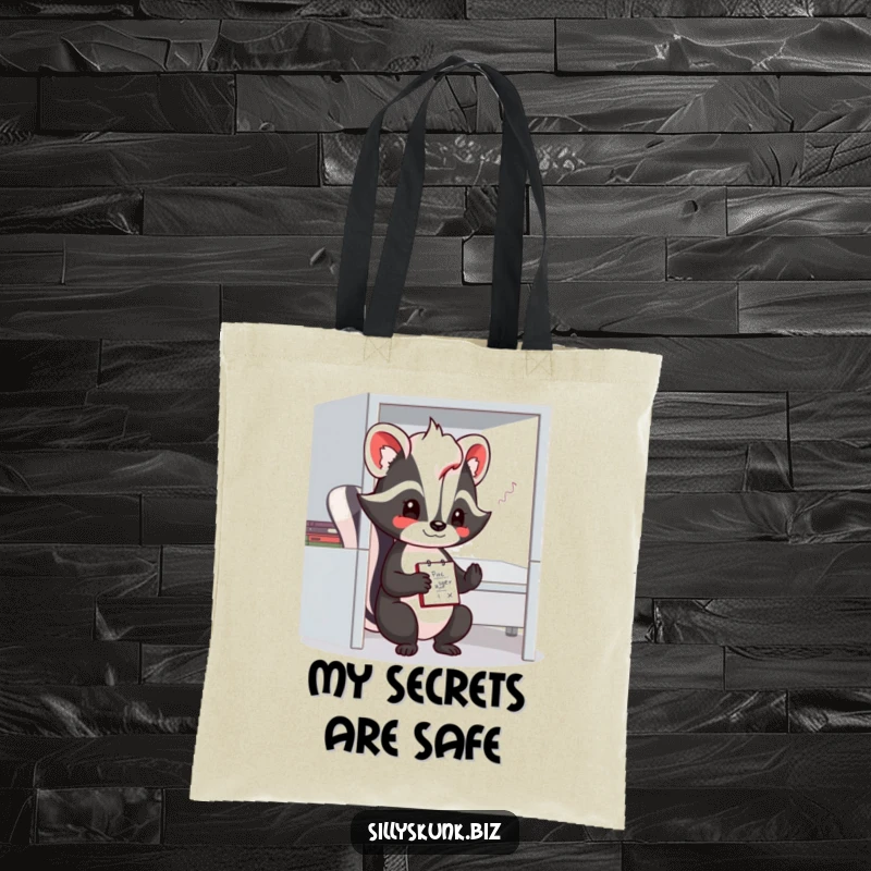 Funny skunk tote bag with a shy character doodling on a notepad in a small office cubicle.