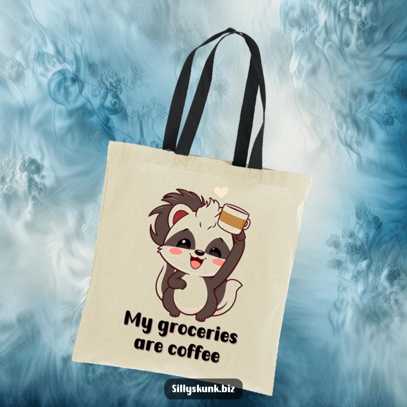 Funny skunk with a cheerful grin, enthusiastically holding a coffee cup overhead, a humorous tote bag.