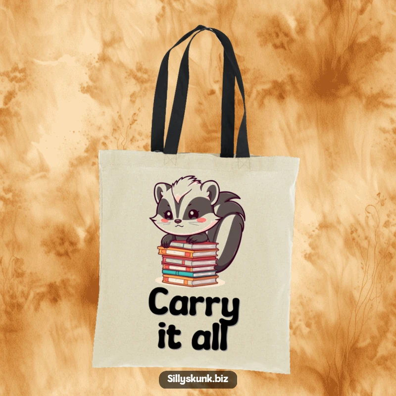 Funny skunk struggling to balance a large stack of files while carrying a tote bag, on a humorous tote bag.