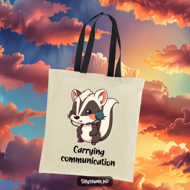 Funny skunk wearing a small headset, looking animated while on a call, a humorous and practical tote bag.