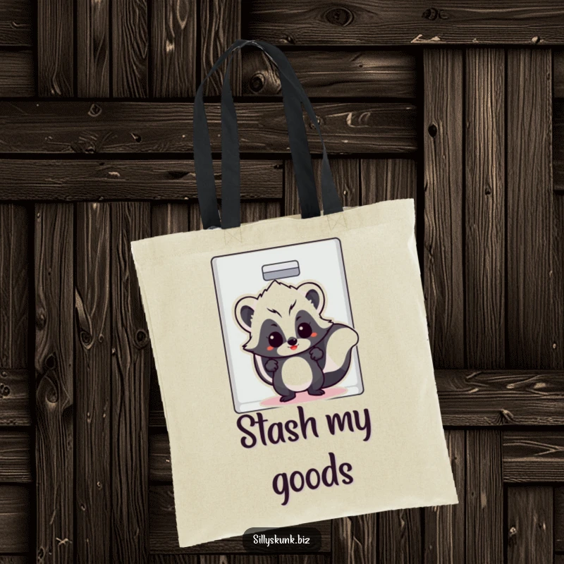 Funny skunk with a cheeky grin peeking out of a filing cabinet, on a humorous tote bag.