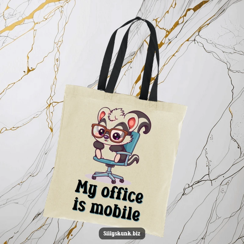 Cute skunk with oversized glasses, playfully sliding across an office chair, a humorous and practical tote bag.