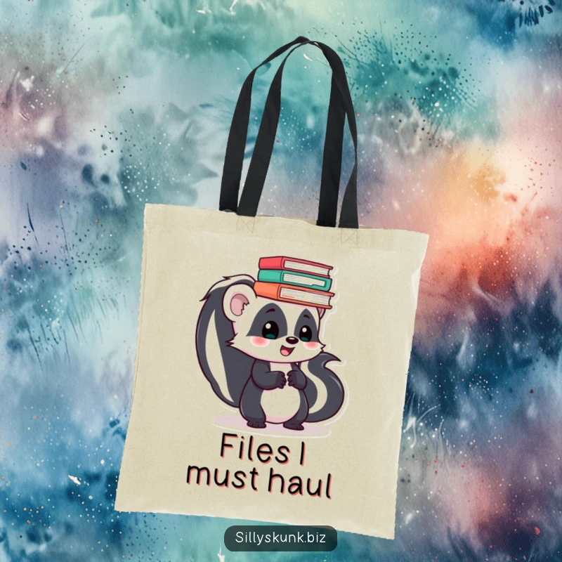 Funny skunk in skater gear precariously balancing a tall stack of documents on its head, perfect for carrying groceries.