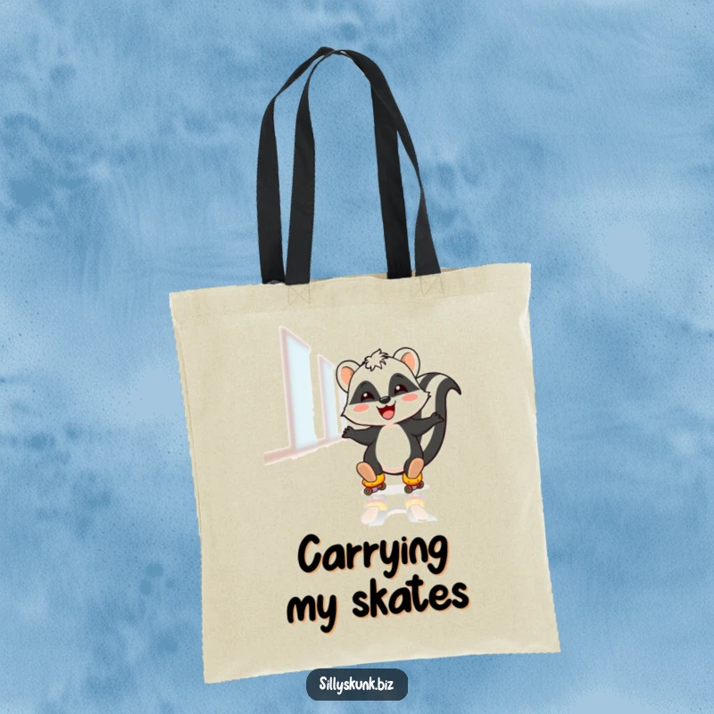 Funny tote bag with a skunk joyfully roller skating on an office floor, perfect for carrying essentials with flair.