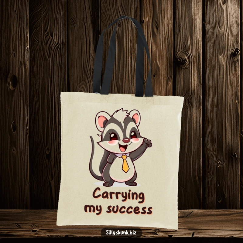 Funny skunk tote bag with a happy character wearing a tiny tie, doing a little triumphant fist pump.