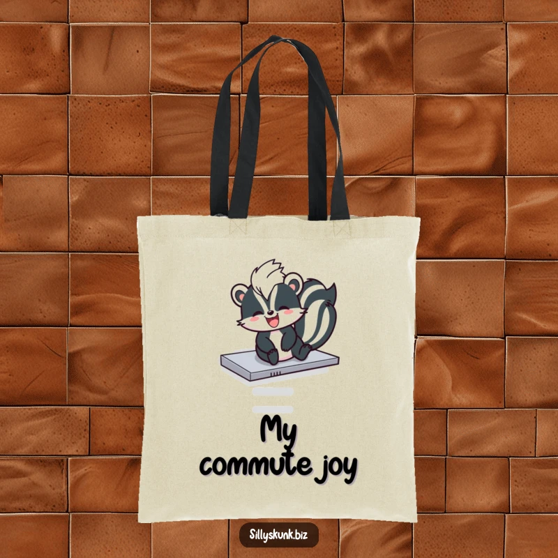 Funny skunk having a blast sliding down a photocopier tray, depicted on a humorous tote bag.